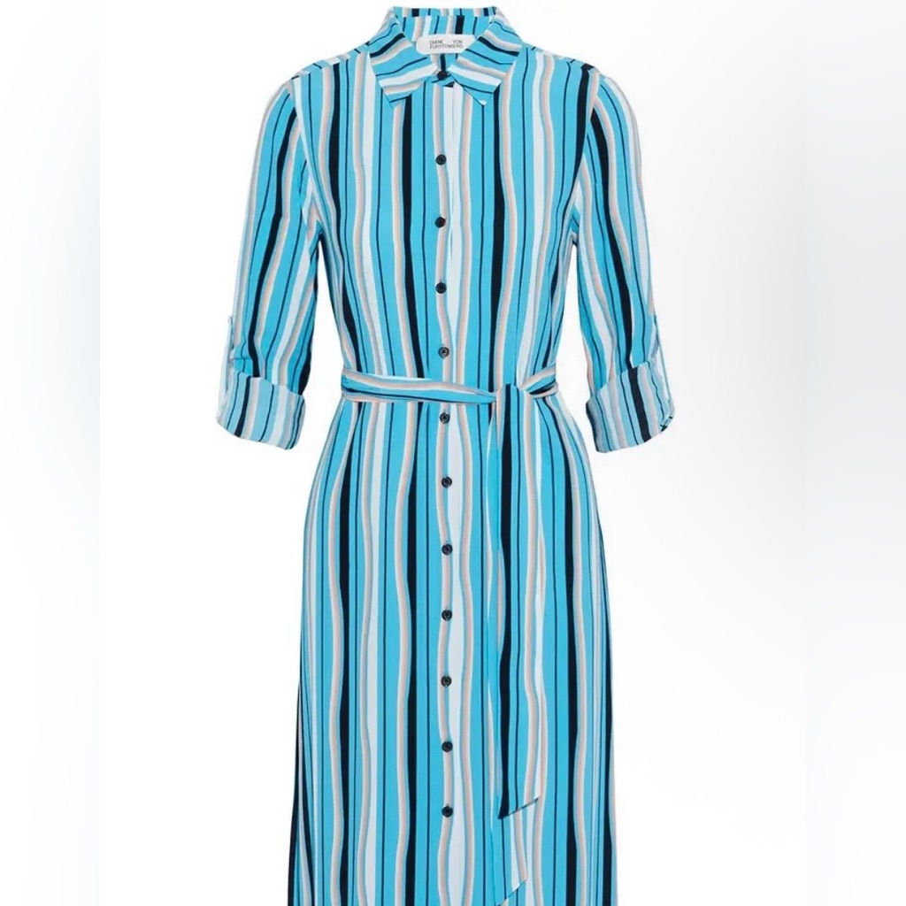 Diane Von Furstenberg Kadina Wave Stripe Aqua Shirt Dress In Size Small Nwt